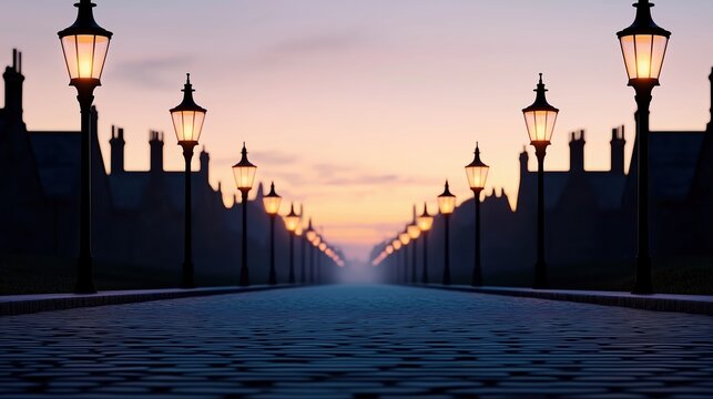 Street with a row of street lamps and houses. The street lamps are lit up and the sky is a beautiful orange color