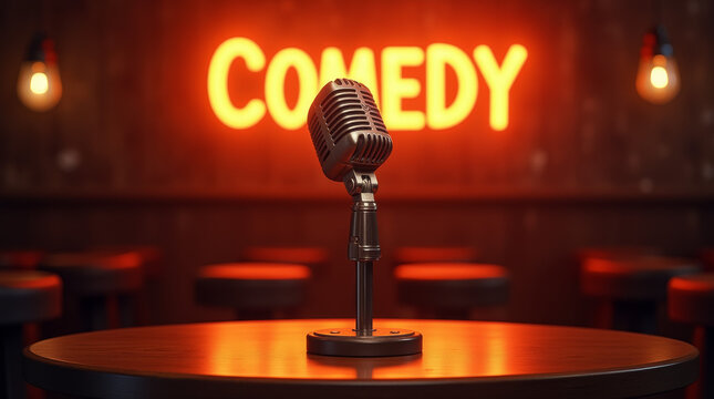 Comedy-Show mit Mikrofon und Beleuchtung im Hintergrund
