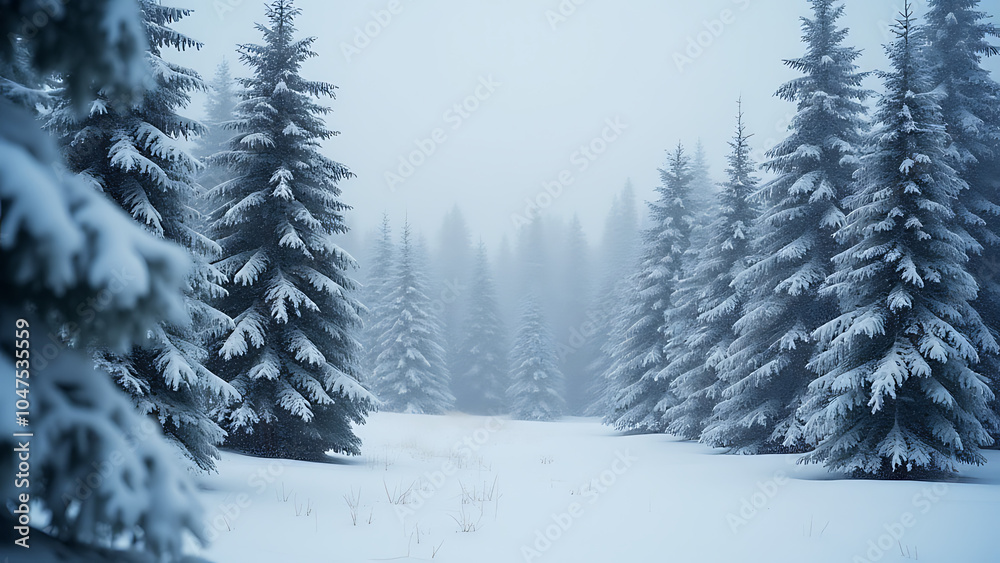 Poster Snow covered trees create a serene winter wonderland background for an enchanting Christmas scene.