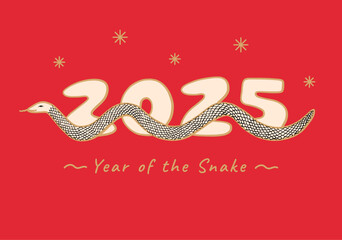2025 Year of the Snake, Lunar Chinese New Year red and gold horizontal greeting card with snake, numbers, and stars