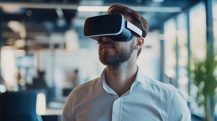 A young man wearing a virtual reality headset, smiling while immersed in a virtual environment, technology and gaming concepts