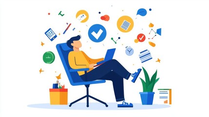 A person working on a laptop in an office setting, surrounded by various icons representing productivity and creativity.