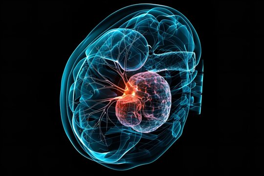 Medical 3D artwork in the form of an x-ray displaying a tumor in the right kidney, Generative AI.