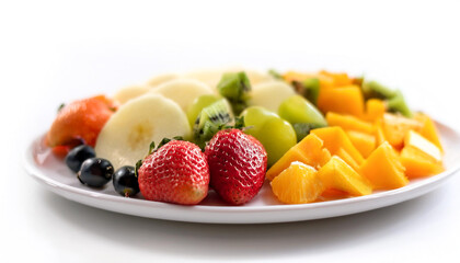 Plate of cut fruit on side position provides copy space for text. background concept isolated white
