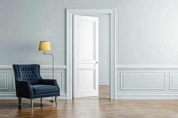 Fototapeta premium A blue chair is sitting in front of a white door