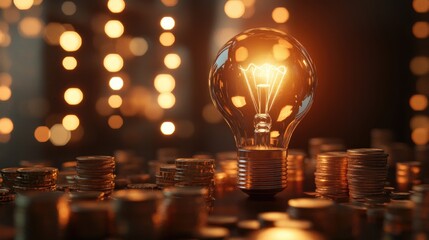 Coin and Light bulb shining over a graph, idea and business growth, 3D illustration