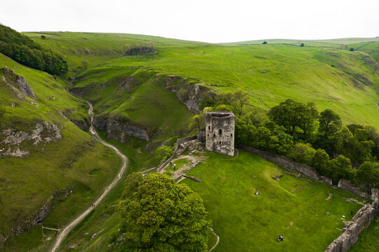 Aerial view wtih beautiful green landscape of Cave Dale limestone deep valley landscape natural tourist trail Steep Rocks Narrow Pass Staffordshire, Derbyshire Peak District