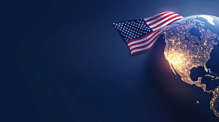 A bold representation of the American continent in dark blue, with the American flag blowing in the background, softly illuminating the continent.