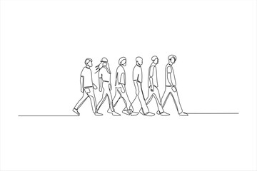 A continuous line drawing of six people walking in a row, depicting movement and connection.