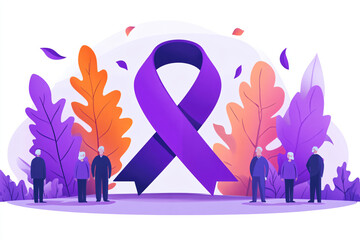 Fototapeta premium Elderly people and purple ribbon representing Alzheimer's disease and Dementia diagnosis, Parkinson's. Age-related health problems and memory loss. concept of mental health care in old age.