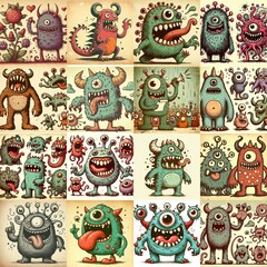 Cartoon monsters. Vintage style drawing. AI generated illustration