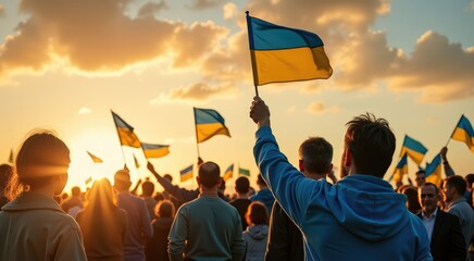 People gather at sunset, holding Ukrainian flags in a show of solidarity and national pride during a peaceful demonstration