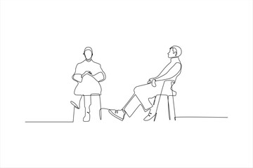 A minimalist line drawing of two seated individuals engaged in conversation.