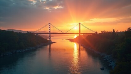 Obraz premium Sunset bridge over river conveying unity