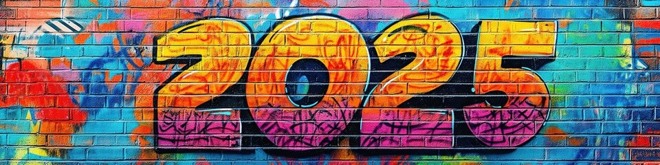 Obraz premium Colorful graffiti of 2025 on brick wall, urban art