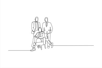 A minimalist line drawing of three men in suits, conveying professionalism and teamwork.