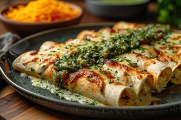 A plate of enchiladas suizas, with chicken-filled tortillas topped with a creamy green salsa and melted cheese