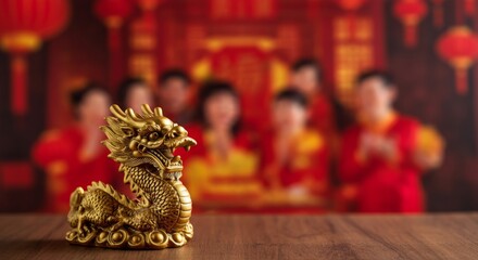 Fototapeta premium Close-up of a decorative golden dragon figurine, a symbol of power and prosperity. The background of a blurred Chinese New Year party scene adds to the atmosphere of celebration and tradition.