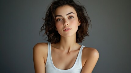 Fototapeta premium Beautiful woman in white t-shirt Women's breasts dark light background