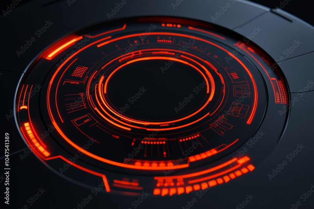 Wall mural sleek tech device interface with bright orange highlights and bold red typography on a dark backgrou