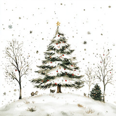 Obraz premium illustrated Christmas card, simple painting on white background