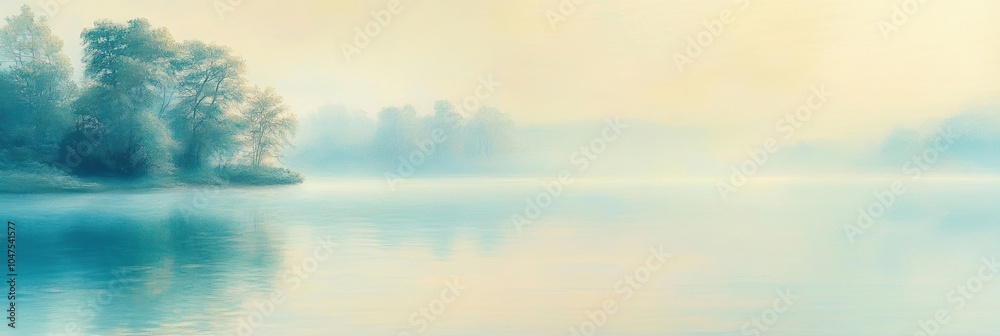 Aufkleber The calm water of a lake glimmers softly under a veil of mist as trees stand gracefully along the shore in the early morning. Generative AI