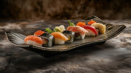 A beautifully arranged selection of assorted sushi demonstrates culinary artistry, featuring various toppings and fillings served on an elegant plate, perfect for any dining occasion