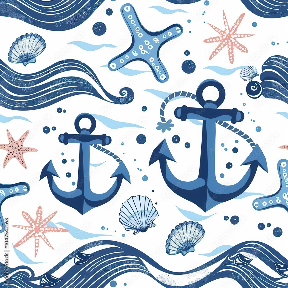 Poster the design showcases a playful nautical pattern with anchors, seashells, starfish, and flowing waves