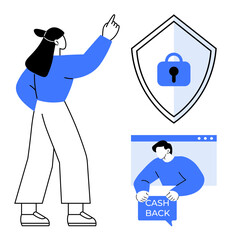 Woman pointing at a security shield icon with a lock, man holding cashback sign in a web browser window. Ideal for financial literacy, online security, cashback offers, secure transactions, and user