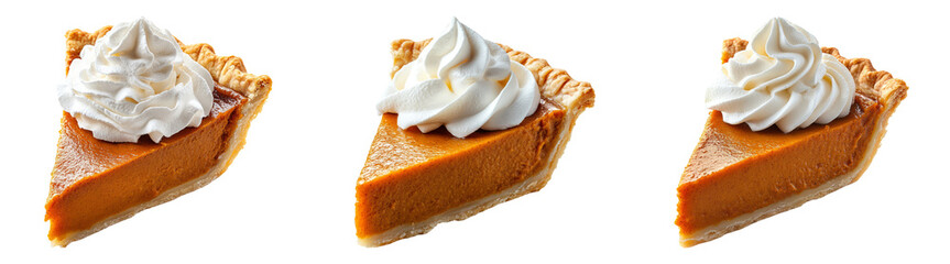 Pumpkin pie slices with whipped cream isolated on transparent PNG background perfect for Thanksgiving promotions or dessert packaging.