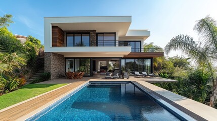Modern, two-story house with a swimming pool, wooden deck and lush greenery.