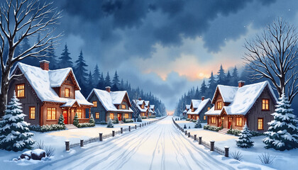 Naklejka premium Charming winter village with cozy homes along a snowy road at twilight
