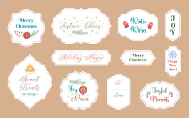 Cute winter labels with season greetings and wishes like merry Christmas and Happy new year. Christmas tags sheet printable. Vintage cut shapes for greeting labels, gift tags, Xmas cards or stickers. © Cute Design