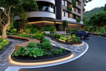 A rooftop garden with vegetable planters, benches, and a communal seating area in a sustainable apartment complex, capturing the eco-friendly amenities provided for residents, symbolizing sustainabili