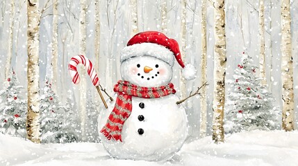 Fototapeta premium A cheerful snowman in a snowy forest with a candy cane.