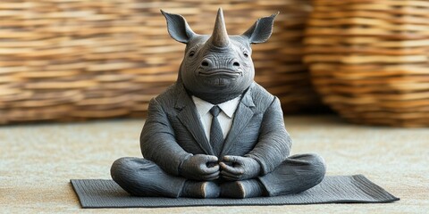 A funny rhino figurine dressed in a suit meditating peacefully on a yoga mat with a natural background