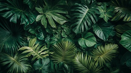 Lush greenery fills the display with diverse tropical leaves arranged beautifully in natural patterns under soft lighting