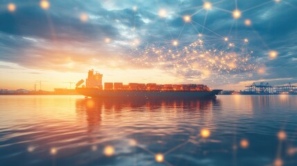 Fototapeta premium Container ship at sea with digital network links, digital trade network connection concept, global shipping industry, Beautiful Network 