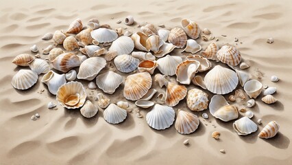 Realistic seashells collection on sandy beach surface in detailed artistic style