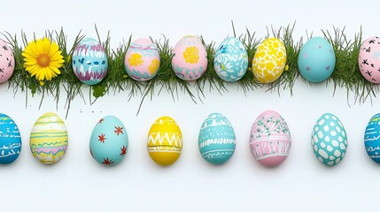 Colorful decorated Easter eggs in a row on white background.