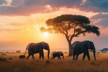 A family of elephants walks gracefully across the African savanna during sunset, silhouetted against a vibrant sky and golden grass. Generative AI