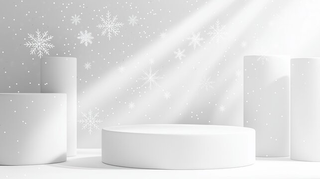 A minimalistic white Christmas stage mockup with snowflakes and a podium for product presentations