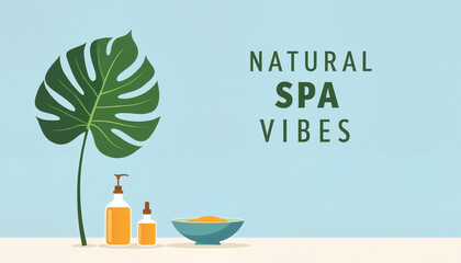 Fototapeta premium Natural Spa Vibes with essential oils, a bowl of spa product, and a tropical leaf