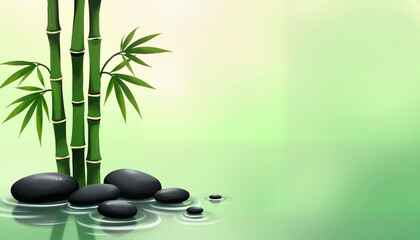 Serene Bamboo with smooth stones and gentle water reflection in a tranquil setting