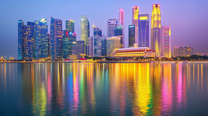 Naklejka premium City skyline reflected in calm water at dusk..