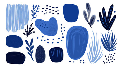 A vibrant set of abstract vector illustrations showcasing blue strokes and shapes against a clean white background.