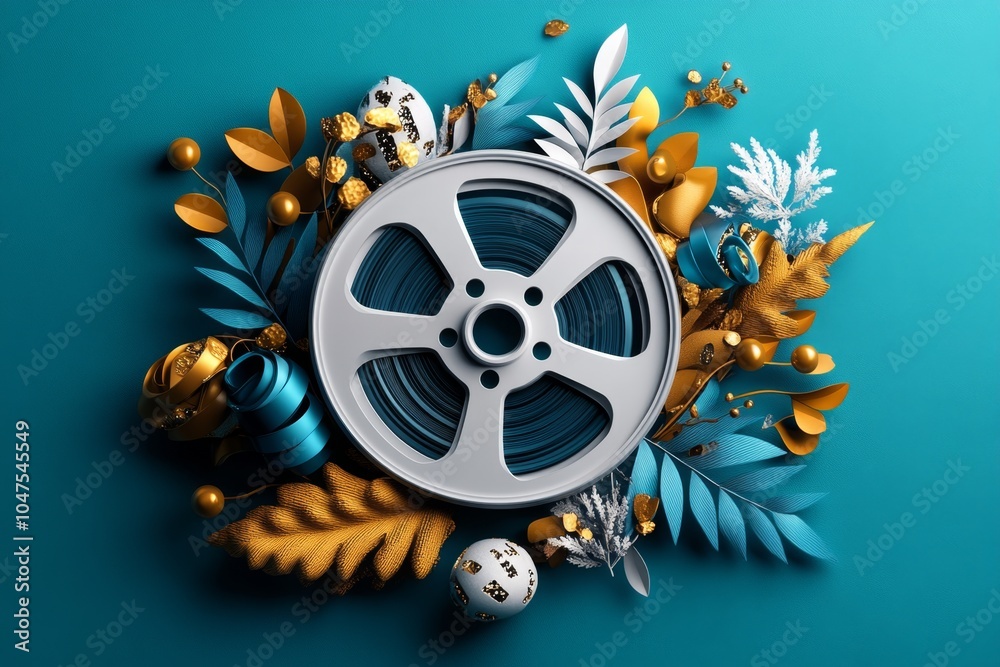 Poster Abstract minimalist depiction of a film reel with clean lines and geometric shapes, symbolizing the world of cinema and storytelling in a modern design, showing elegance in simplicity