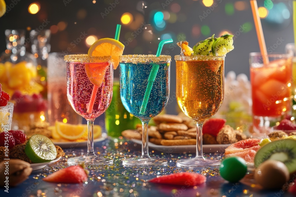 Poster bright cocktails in festive glasses are accompanied by a variety of snacks and fruit slices, creatin