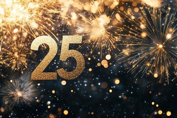 Golden number 25 with sparkles and fireworks on dark background