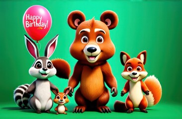 Naklejka premium Nursery art wild animals and balloons on green backdrop. Happy birthday concept.